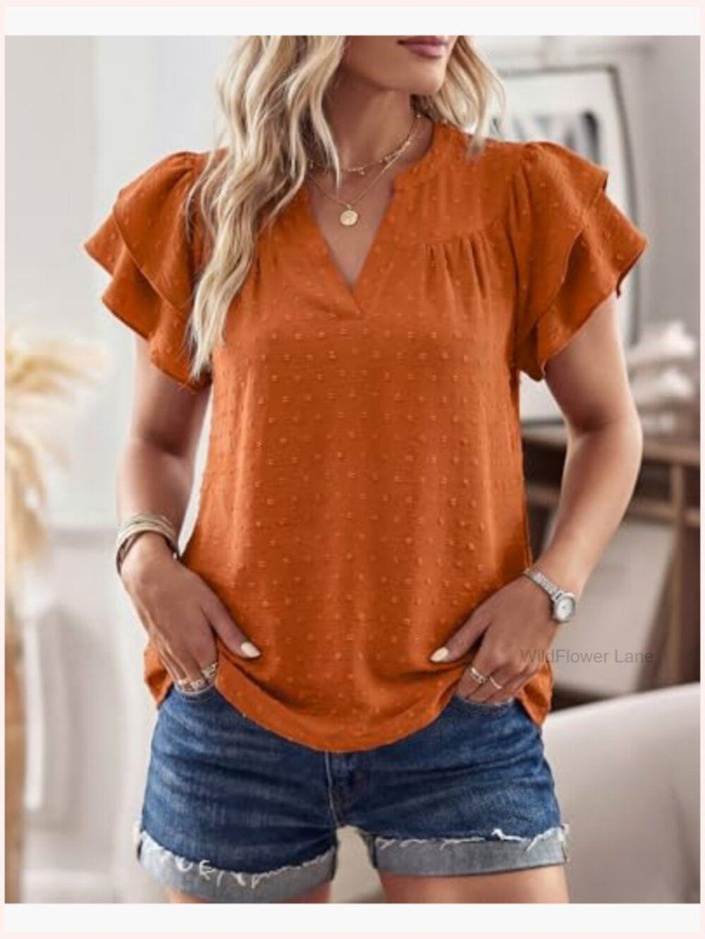 Womens Ruffle Sleeve V Neck Swiss Dot Blouse Summer Short Sleeve Top - Picture 5 of 5